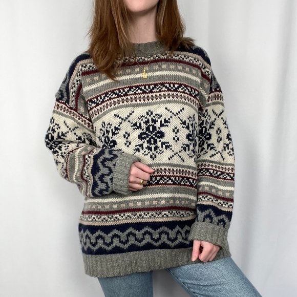 Vintage Sweaters - Vintage Nordic Fair Isle Wool Oversized Knit Crew Neck Grandpa Fisherman Sweater